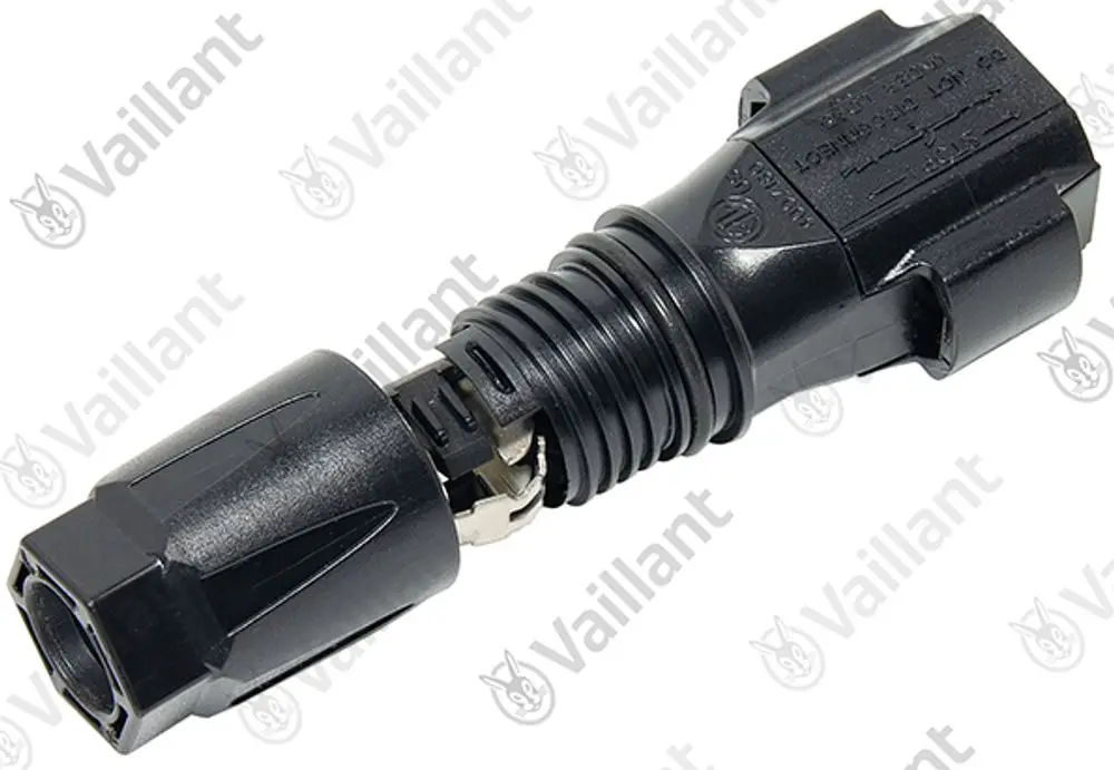 Vaillant Stecker mit Hülse, geeignet für PV-Anwendungen. Der Stecker hat eine schwarze Kunststoffausführung und ist für verschiedene Spannungen ausgelegt.